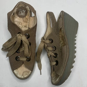 Fly London Yiva Perforated Taupe Lace Up Wedge Sandals S-055 Sz 40 EU / 9-9.5 US